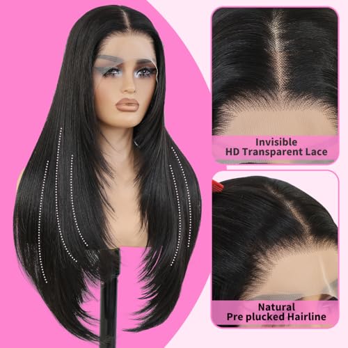Natural Black Synthetic Lace Front Wigs 26 Inch Pre Plucked HD 13x4 for Women