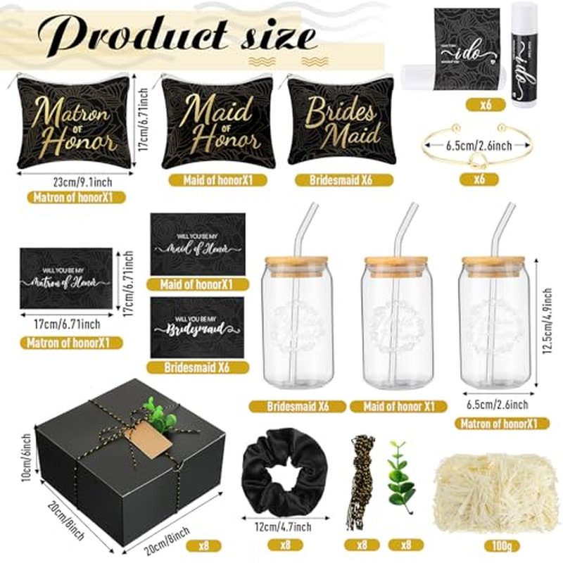 72 Pcs Bridesmaid Proposal Gifts, Will You Be My Bridesmaid, Bride Maid and Matron of Honor Gifts Include Gift Box Glass Cup Makeup Bag Cards Lip Balm Hair Scrunchie Bracelet(Black)