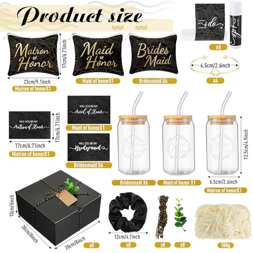 72 Pcs Bridesmaid Proposal Gifts, Will You Be My Bridesmaid, Bride Maid and Matron of Honor Gifts Include Gift Box Glass Cup Makeup Bag Cards Lip Balm Hair Scrunchie Bracelet(Black)