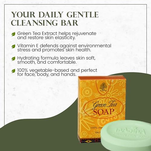 Madina Green Tea & Vitamin E Soap Bar ? Antioxidant, Moisturizing, Hydrating, Skin Rejuvenating, Gentle Daily Cleanser, Vegetable-Based, For All Skin Types, 6 Pack (3.5 oz Each)