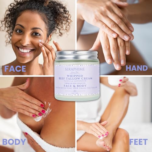 Whipped Beef Tallow for Skin Care, Organic Pure Grass Fed Beef Tallow Moisturizer Cream for Face & Body Lotion, Cow Tallow with Niacinamide, Shea Butter & Aloe, Vanilla Lavender 4oz