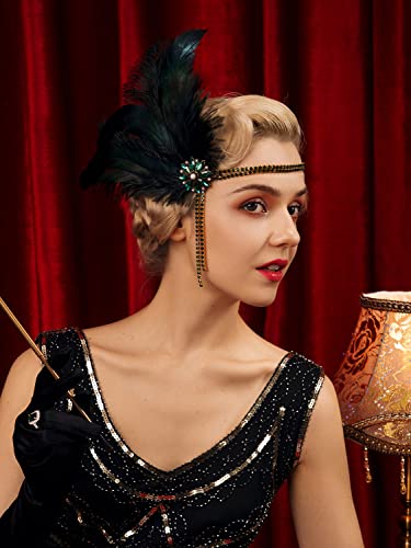 Green 1920s Flapper Headpiece Rhinestone Pearl Feather Headband for Gatsby Party