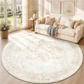 8ft Washable Round Rug with Non-Slip Backing - Vintage Boho Medallion Carpet for Living Room & Bedroom - Beige