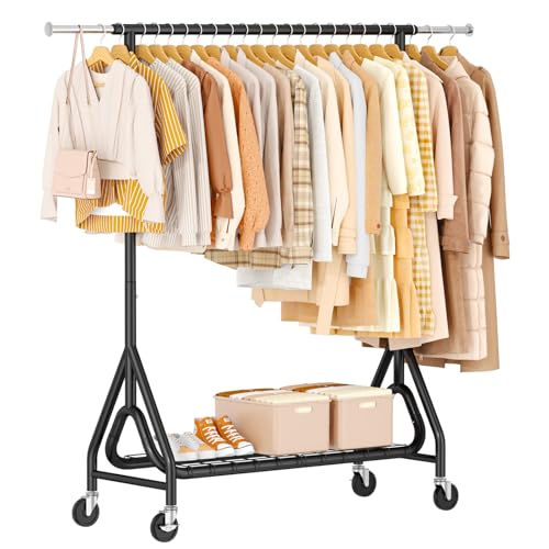 Heavy Duty Metal Clothes Rack with Lockable Wheels - Black, Single Rod
