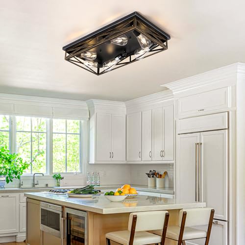 Rustic Black Farmhouse Ceiling Light - 23 Inch 6-Light Metal Cage Fixture, Flush Mount, E26 Base