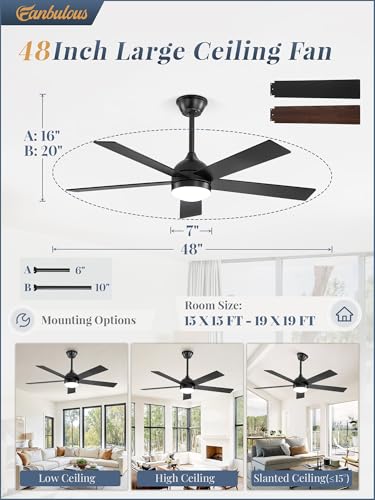 Fanbulous 48 Inch Black Ceiling Fan with Light & Remote, Reversible Blades, Dimmable LED