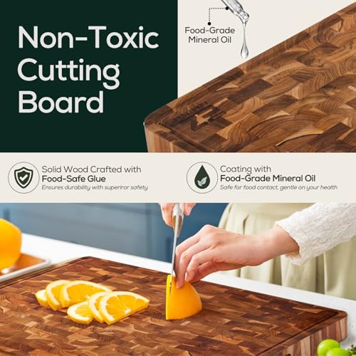 EZ FURNITURE XL Teak End Grain Reversible Cutting Board 24" x 18" with Juice Groove & Handles