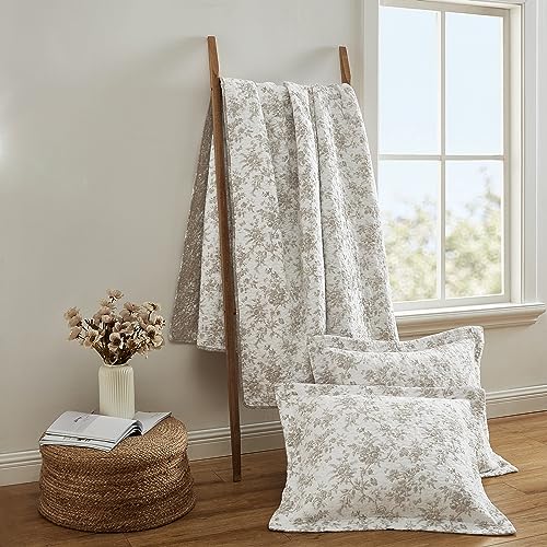 Queen Quilt Set with Matching Shams - Reversible Floral Cotton Bedding - Walled Garden Brown