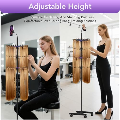 Braiding Hair Rack - Hair Racks for Braiders Standing With Tray and Wheels,140 Pegs Divider Stand & With Phone Holder Adjustable Rotation Hair Stand for Hair Stylist / Salon / Home User (Black)