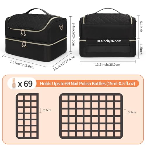CUBETASTIC Nail Polish Organizer Bag - Holds 69 Bottles & Lamp, Travel Case, Black