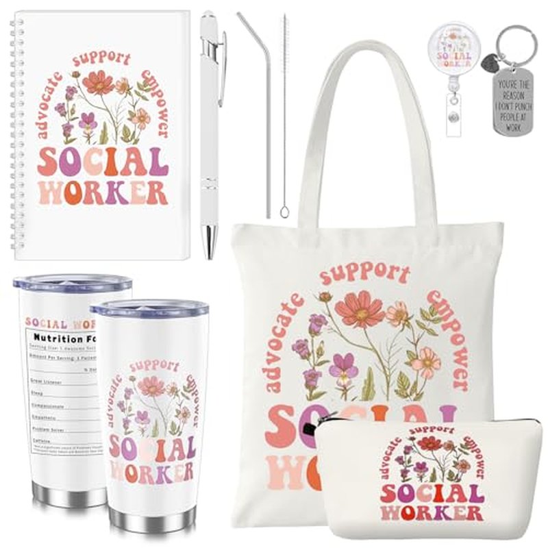 7 Pcs Social Worker Gifts Set for Women Include Canvas Bag Cosmetic Bag 20 oz Thermos Cup Keychain Badge Holder Notebook Pen for Volunteers School Social Worker Gift