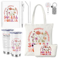 7 Pcs Social Worker Gifts Set for Women Include Canvas Bag Cosmetic Bag 20 oz Thermos Cup Keychain Badge Holder Notebook Pen for Volunteers School Social Worker Gift