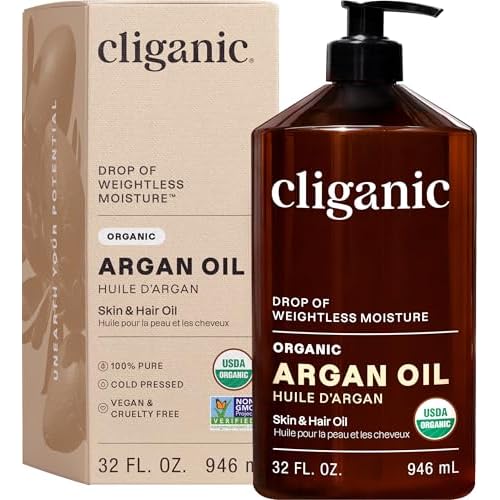 Cliganic Organic Argan Oil for Hair, Face & Skin (Bulk, 32oz with Pump) - 100% Pure, Cold Pressed