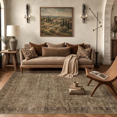 6x9 Brown Washable Vintage Floral Area Rug Non Slip for Bedroom