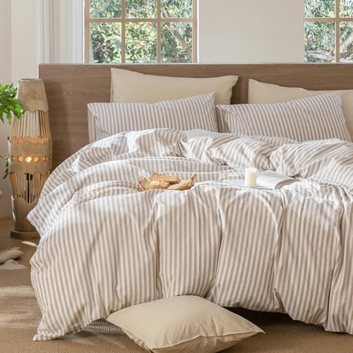 MooMee Classic Stripes Cal King Duvet Cover Set - Tannish Linen Grey White, 100% Washed Cotton