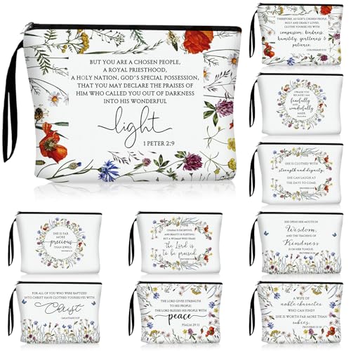 Talltalk Christian Makeup Bags Set of 10 – Bible Verse & Floral Design Travel Cosmetic Pouches for Women