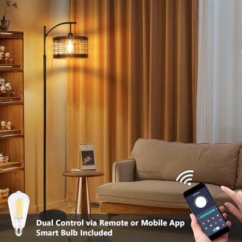 Vintage Industrial Floor Lamp with Remote Dimmable LED, Rustic Tall Standing Light for Living Room & Bedroom