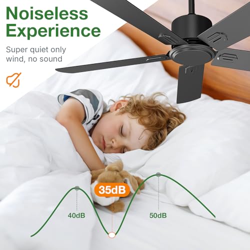 Obabala 52-Inch Black Outdoor Ceiling Fan No Light with Remote, 6-Speed Reversible DC Motor