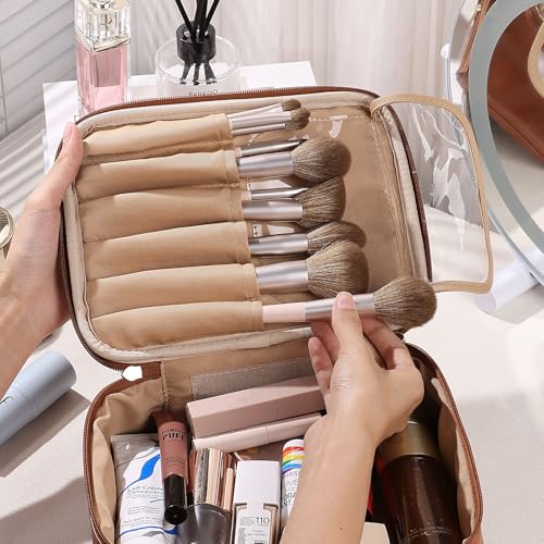 Brown PU Leather 2-in-1 Large Makeup & Toiletry Bag with Brush Holder