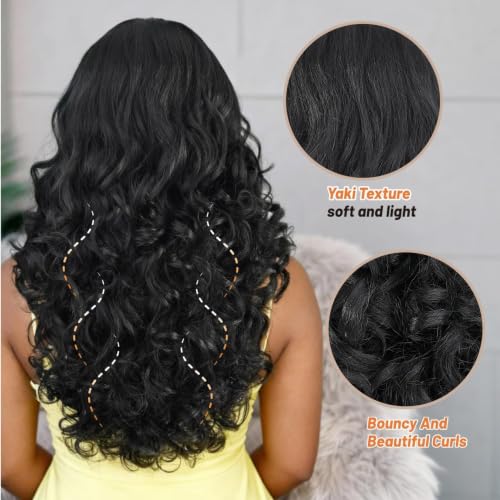 Yaki Curly V Part Wig 26 Inch Natural Black Synthetic Hair - Glueless, Easy Clip-In, Afro Curls