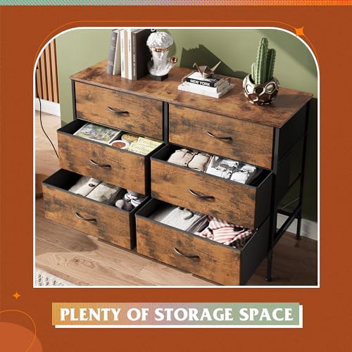 WLIVE Rustic Brown Dresser with 6 Fabric Drawers, 42.3" TV Console Storage