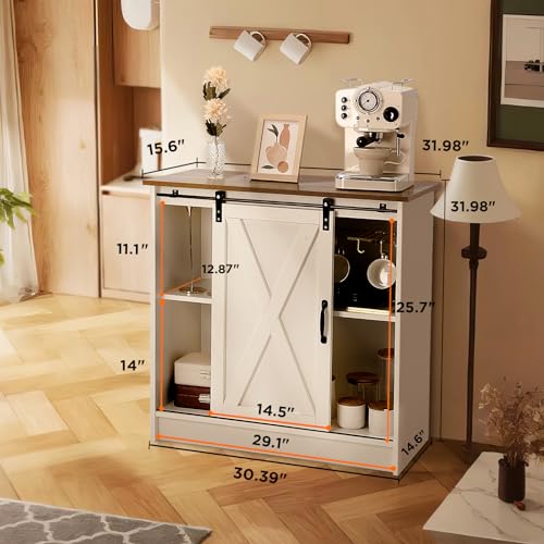 White Farmhouse Coffee Bar Cabinet with Sliding Barn Door Storage