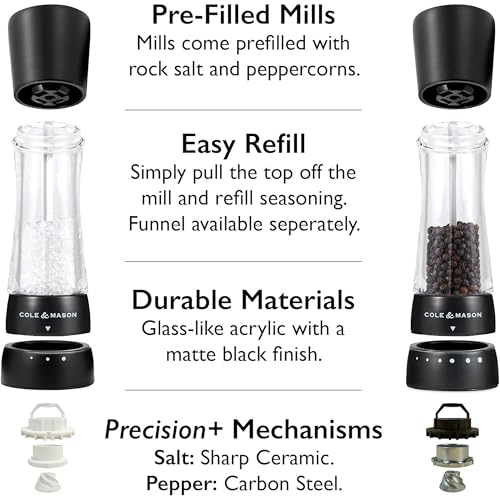 Matte Black Salt & Pepper Mill Set - Derwent Mill 7.5 Inch Gift Spice Grinder with Adjustable Coarseness