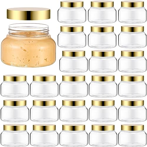 24 Pack 8 oz Clear Plastic Cosmetic Jars with Gold Lids - Refillable & Leak-Proof