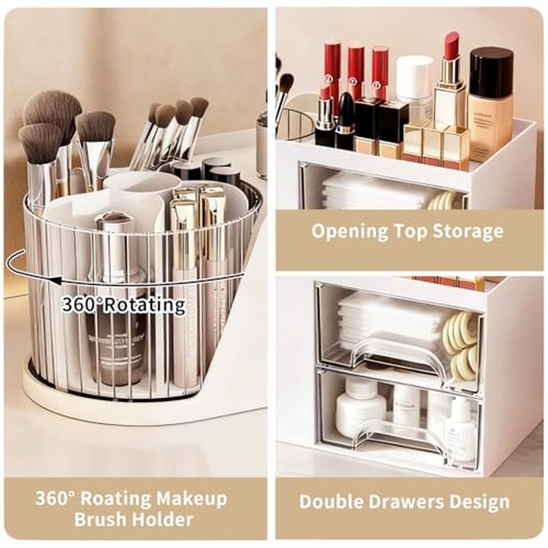 KHNR Makeup Organizer for Vanity, Vanity Organizer with 2 Drawers and Rotating Brush Holder, Bathroom Organizer Countertop, Cosmetic Organizer for,Lipsticks,Nail Polish (White)