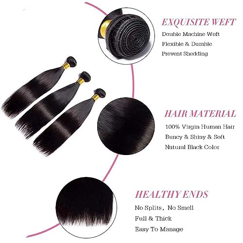 Rebasar 8 Inch Human Hair Straight Bundles - 3 Pack, Natural Black, Quick Weave