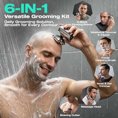 6-in-1 Men's Bald Head Shaver 9D Floating Skull Razor Waterproof Rechargeable