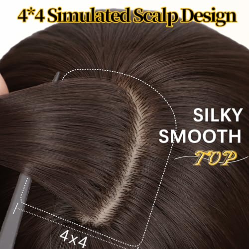 Lativ Dark Brown Wavy Wig with Bangs for Women Synthetic 18-Inch Layered Hair