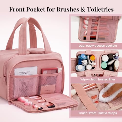 Travel Toiletry Bag Large Capacity with 4 Compartments Wet Dry Separation Pink - Lightweight & Spill-Proof