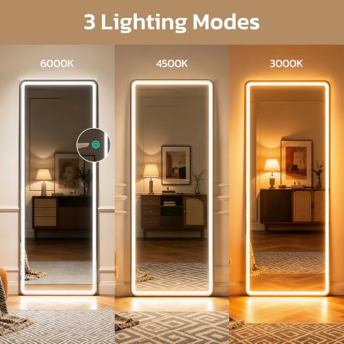Simple Deluxe Rectangular Full Length Mirror with LED Lights, 71" x 26" Dimmable 3-Color Lighting