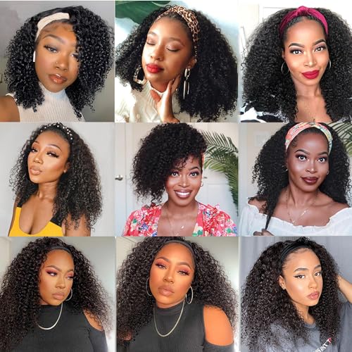 Kinky Curly Headband Wig Human Hair Natural Color 14 Inch for Black Women - Curly Virgin Brazilian Hair, 150% Density, Glueless, Style & Go