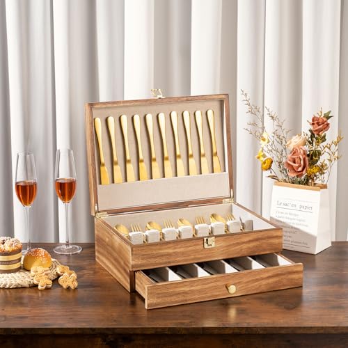 Carbonized Black Wooden Silverware Storage Box 2-Layer Flatware Case with Drawer