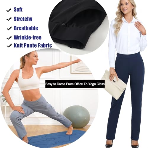 Oalka Women's Straight Leg Dress Pants - Medium Short Navy Blue Work & Yoga Pants