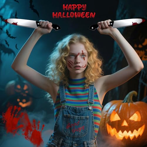 Halloween 12.2" Fake Knife Prop & 10 Sheets Realistic Fake Stitches Temporary Tattoo Set, Horror Chucky Costume Zombie Vampire Makeup Prank Props Cosplay Accessories for Kids Adults