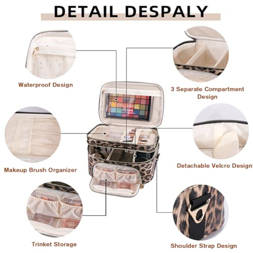 FITINI Double Layer Travel Makeup Bag - Waterproof Cosmetic Organizer with Shoulder Strap, Extra Large Brown Leopard