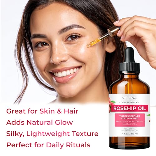 velona Rosehip Oil - 4 Fl Oz | 100% Pure and Natural Carrier Oil| Unrefined, Cold Pressed, Hexane Free | Moisturizing Face, Hair, Body, Skin Care, Stretch Marks, Scars¡¦