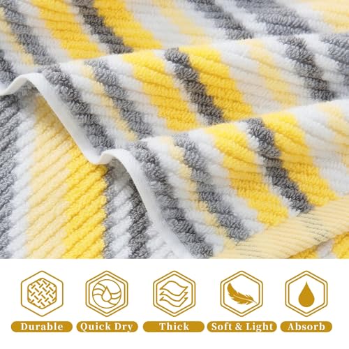 Yellow Gray Cotton Washcloths 6 Pack - 13x13 Inches, Quick Dry, Striped