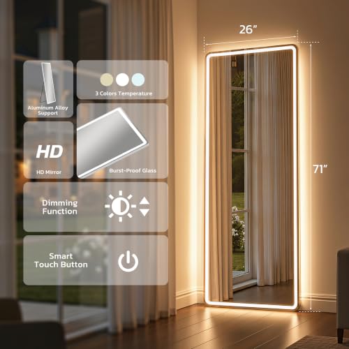 Simple Deluxe Rectangular Full Length Mirror with LED Lights, 71" x 26" Dimmable 3-Color Lighting