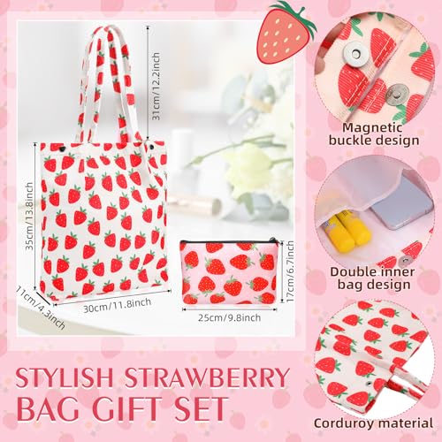 Strawberry Gift Set, Included 16oz Glass Cups with Lids and Straws Waterproof Travel Bag Pouch Strawberry Makeup Bag and Corduroy Tote for Women Christmas Birthday Mothers Day