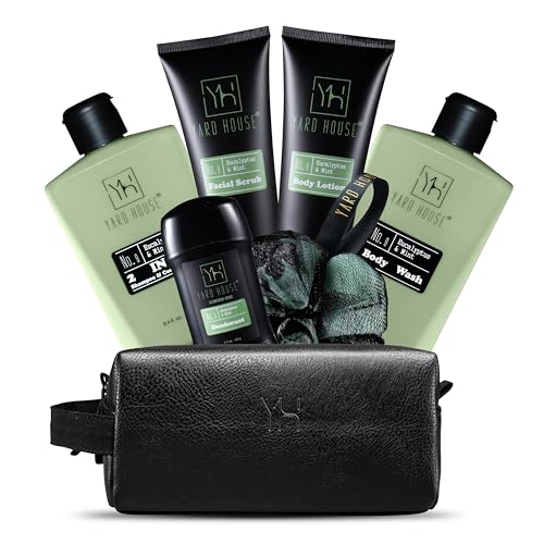 Men's Grooming Gift Set with Eucalyptus & Mint - 7-Piece Luxury Bath & Body Kit in Leather Toiletry Bag