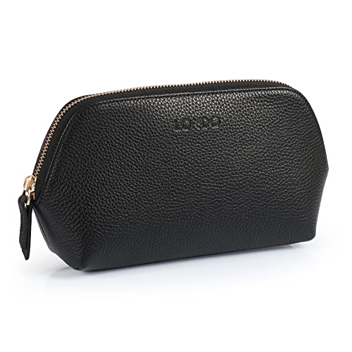 Leather Makeup Bag for Women - Travel Cosmetic Pouch, Clutch, Black
