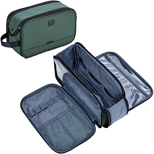 Green Medium Travel Toiletry Bag for Men - Full Open Dopp Kit with Dual Compartments