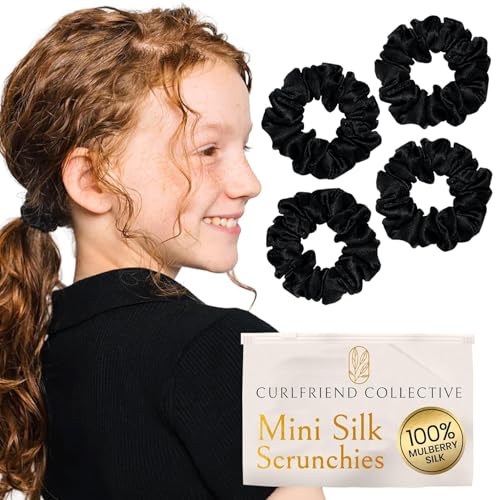 Curlfriend 4 Pack Mini Mulberry Silk Scrunchies for Women - Onyx Black, Gentle Curl Hold
