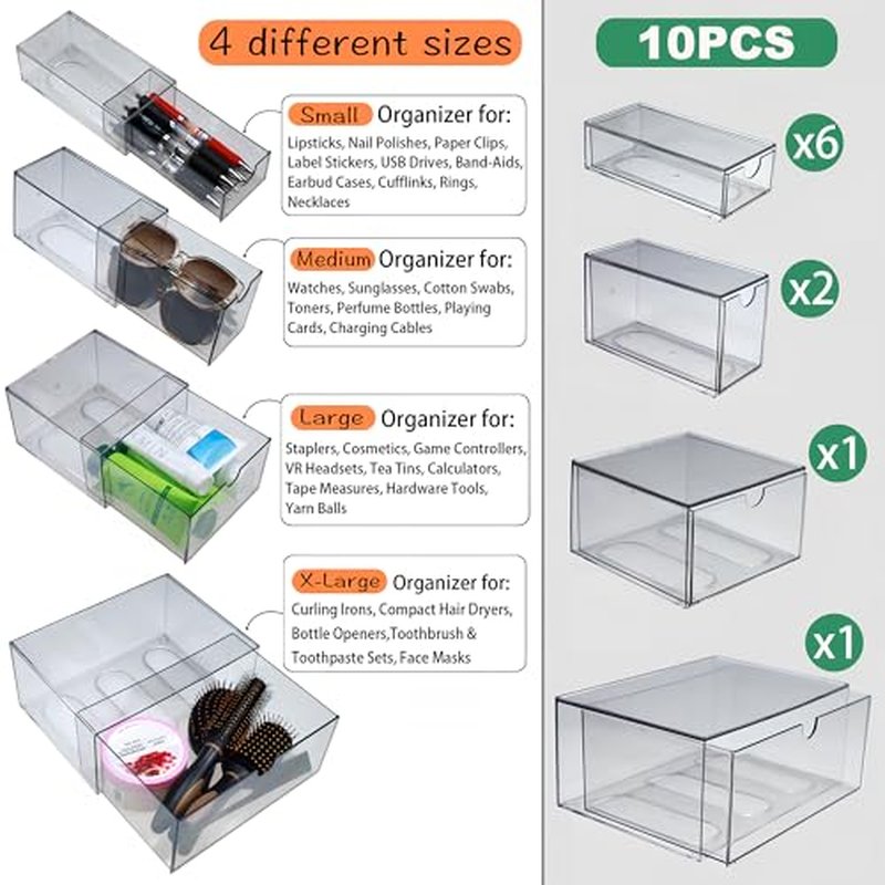10 Pack Acrylic Storage Drawers Plastic Drawers Storage Clear Stackable Display Bins for Fridge Organizers Small Plastic Drawer for Makeup Organizers Cosmetic Display Case