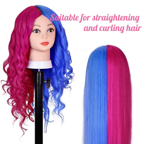 Mannequin Head with 60% Real Human Hair - Cosmetology Practice Head with Table Stand - Rosy and Blue Variation