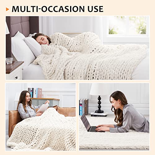 L'AGRATY Ivory Chunky Knit Throw Blanket 72x84 inches - Handcrafted Cozy Couch Cover